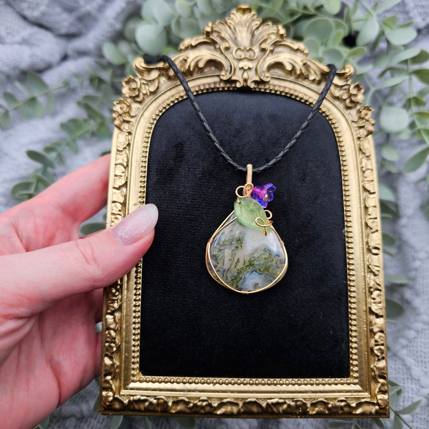 Moosachat & Blüte Anhänger | Schmuckdraht | Edelstein Halskette