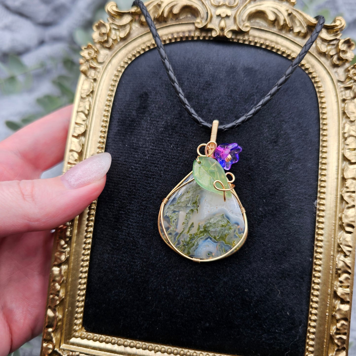 Moosachat & Blüte Anhänger | Schmuckdraht | Edelstein Halskette