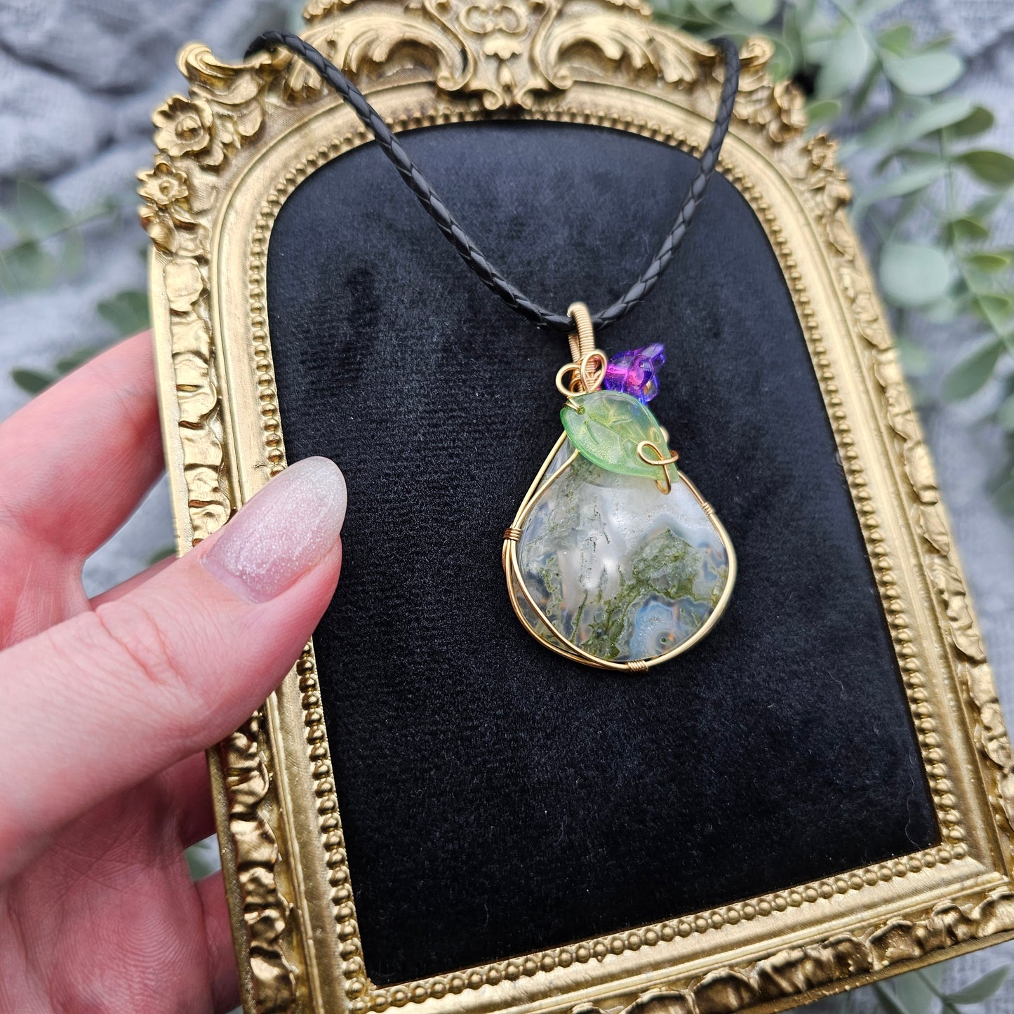 Moosachat & Blüte Anhänger | Schmuckdraht | Edelstein Halskette