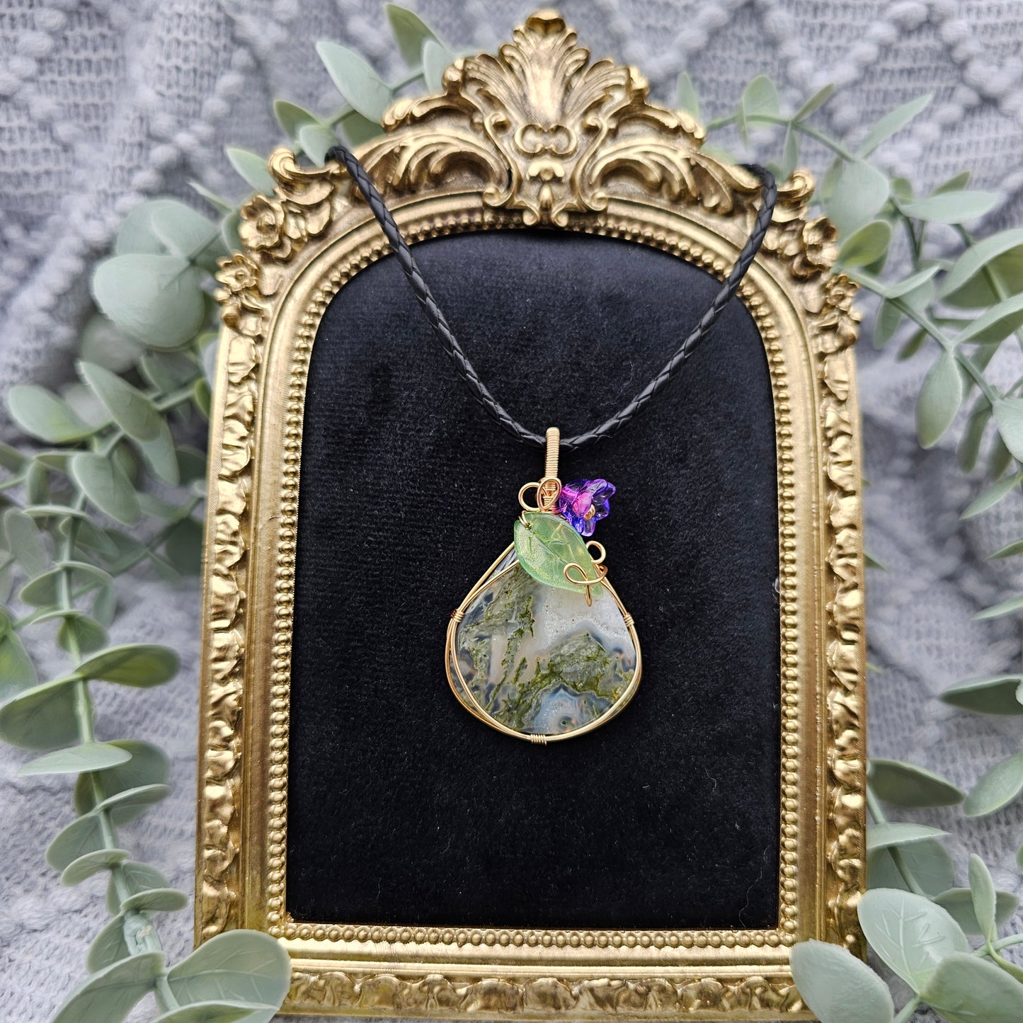 Moosachat & Blüte Anhänger | Schmuckdraht | Edelstein Halskette