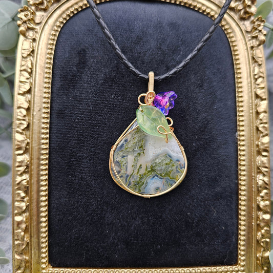 Moosachat & Blüte Anhänger | Schmuckdraht | Edelstein Halskette