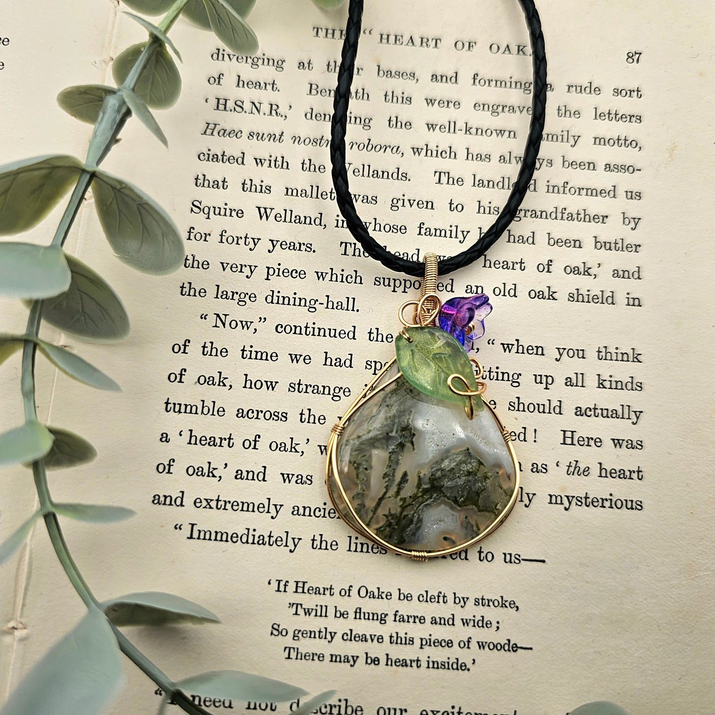 Moosachat & Blüte Anhänger | Schmuckdraht | Edelstein Halskette