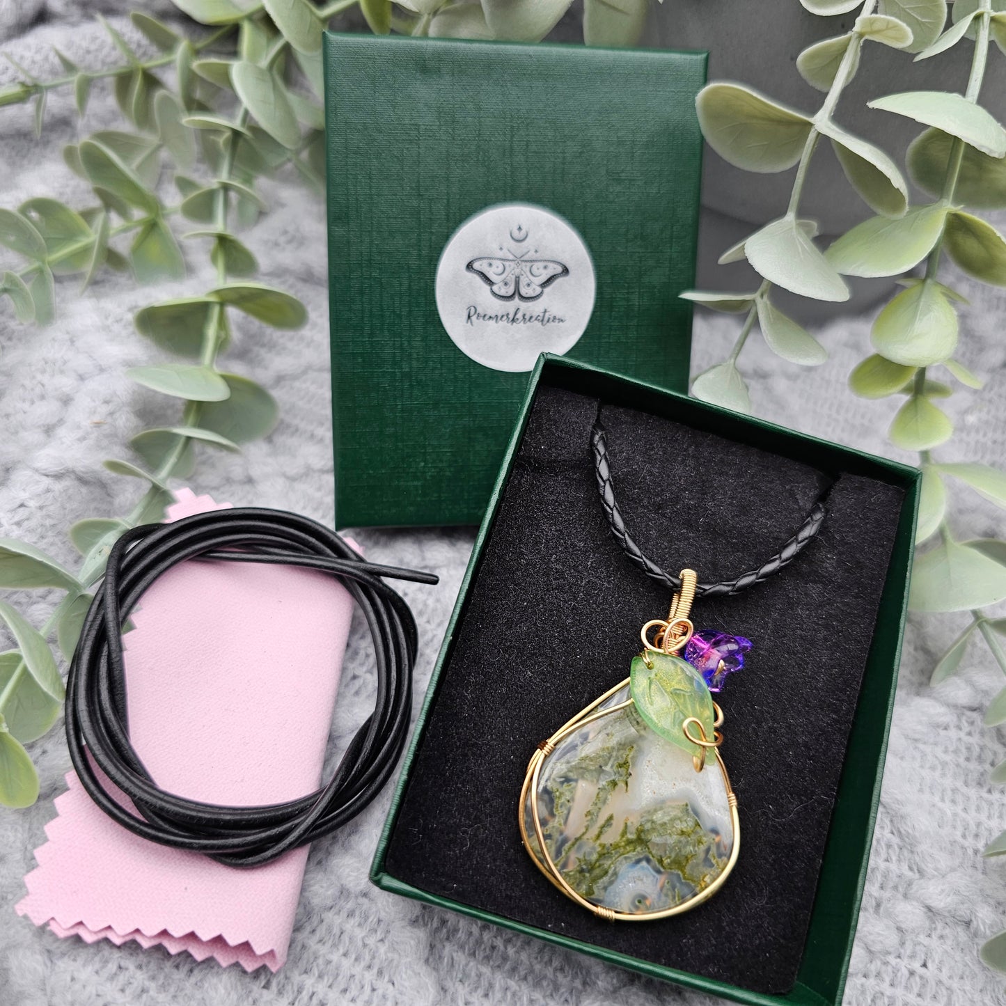 Moosachat & Blüte Anhänger | Schmuckdraht | Edelstein Halskette