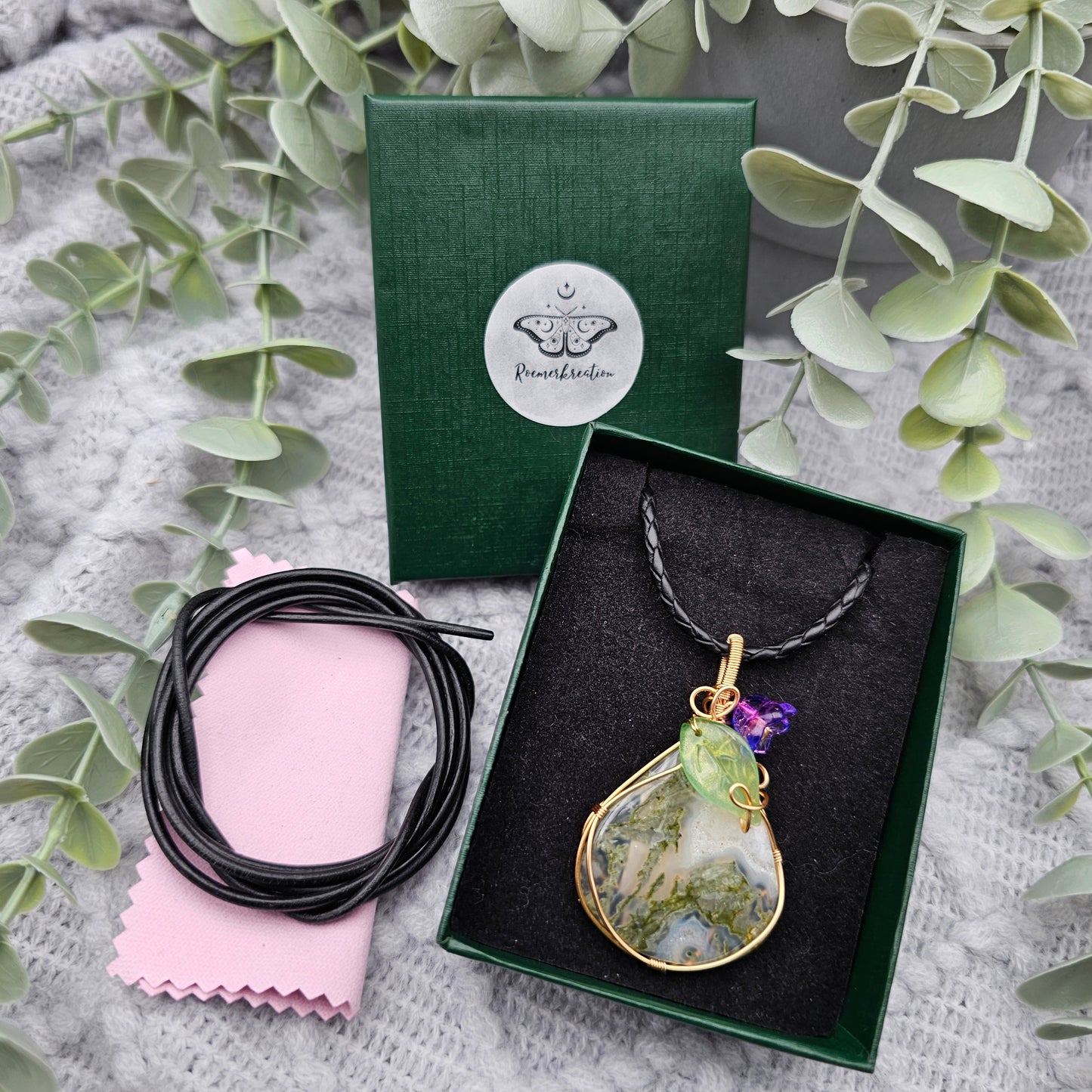 Moosachat & Blüte Anhänger | Schmuckdraht | Edelstein Halskette