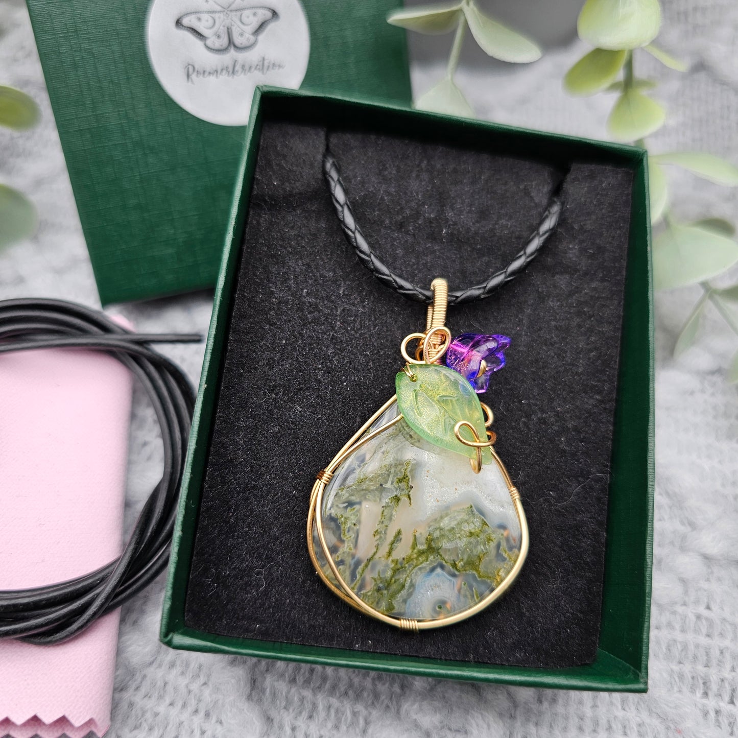 Moosachat & Blüte Anhänger | Schmuckdraht | Edelstein Halskette