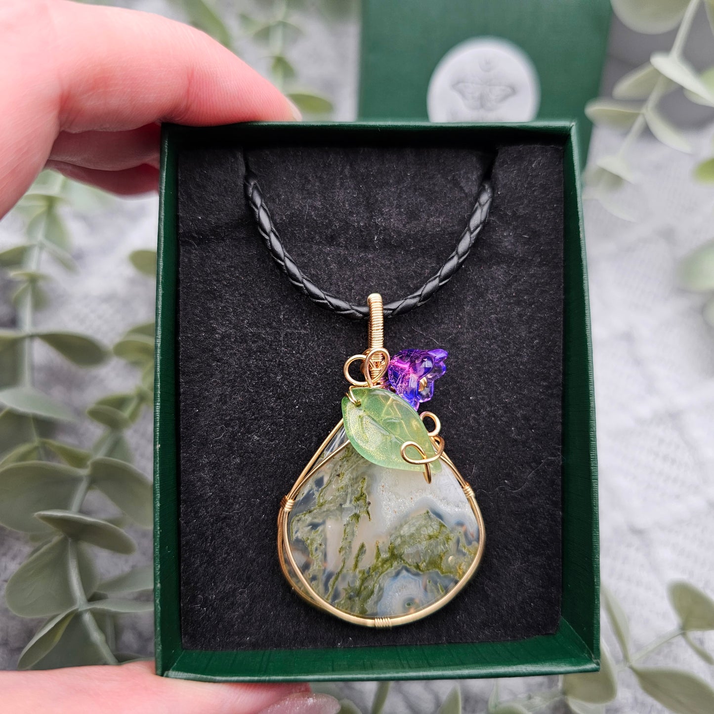 Moosachat & Blüte Anhänger | Schmuckdraht | Edelstein Halskette