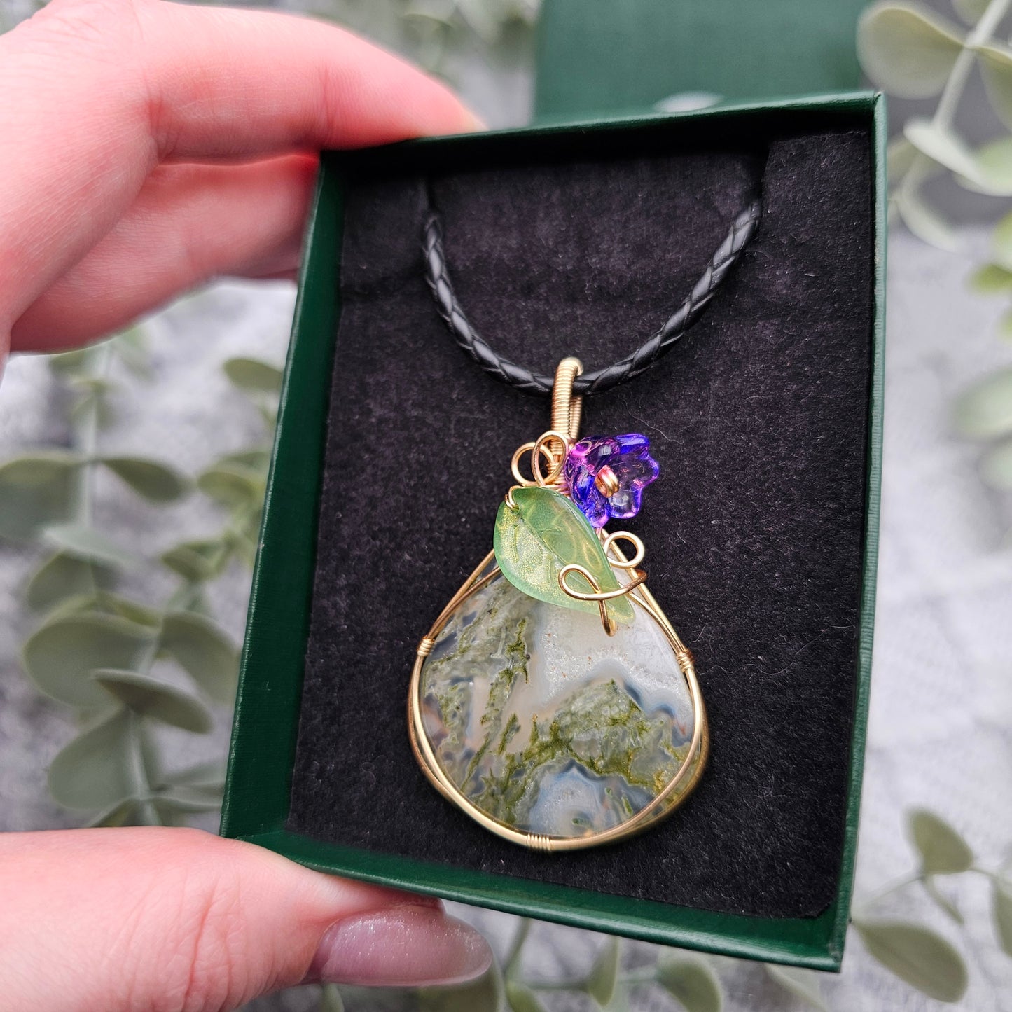 Moosachat & Blüte Anhänger | Schmuckdraht | Edelstein Halskette