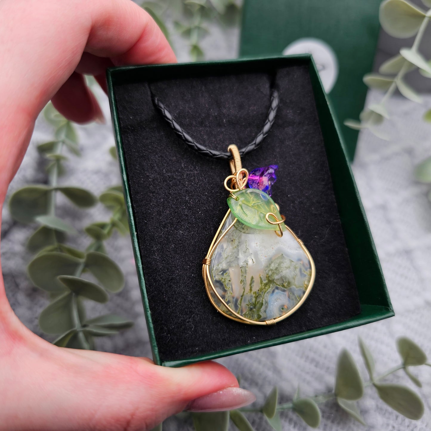 Moosachat & Blüte Anhänger | Schmuckdraht | Edelstein Halskette