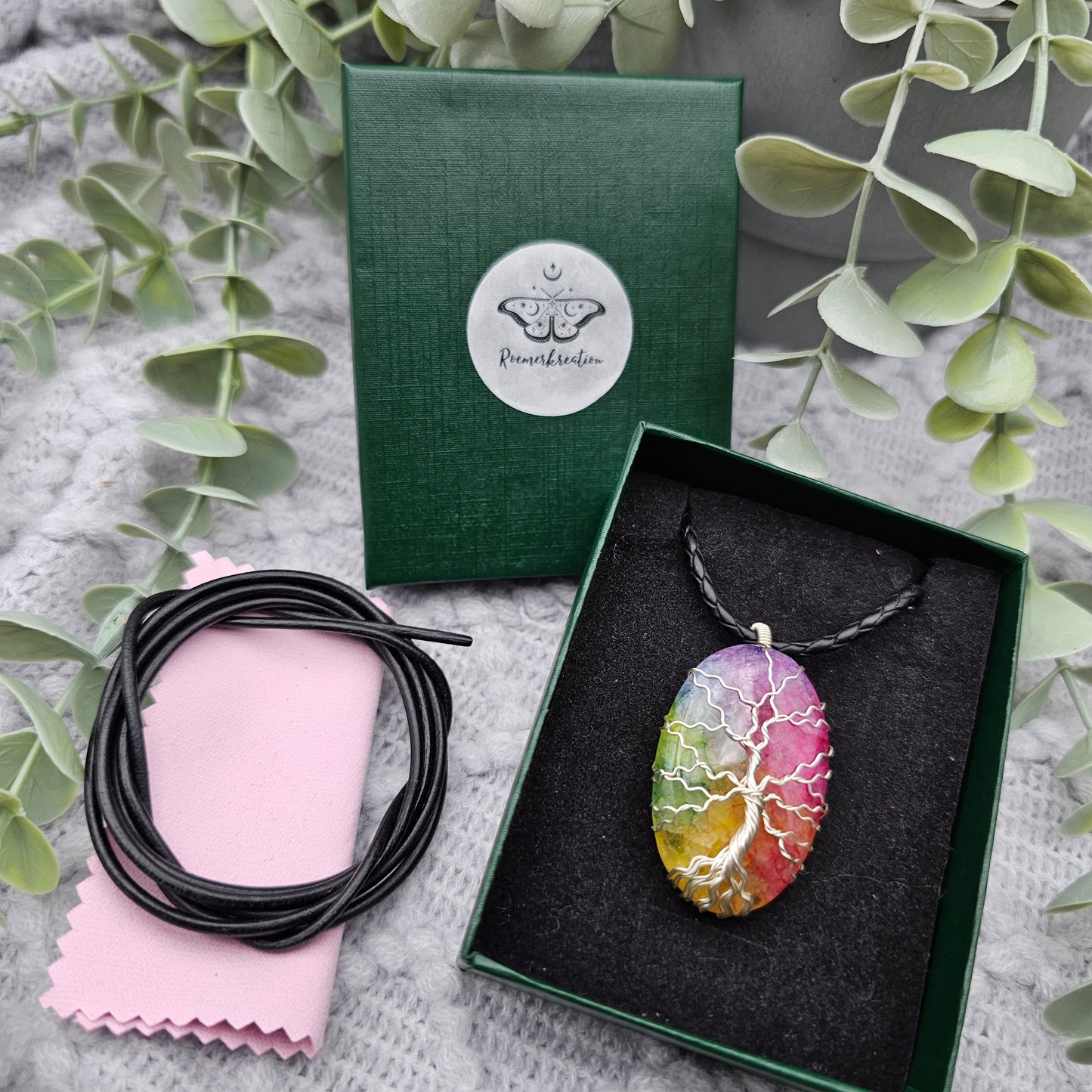 Achat Regenbogen Lebensbaum Anhänger | Schmuckdraht | Edelstein Halskette