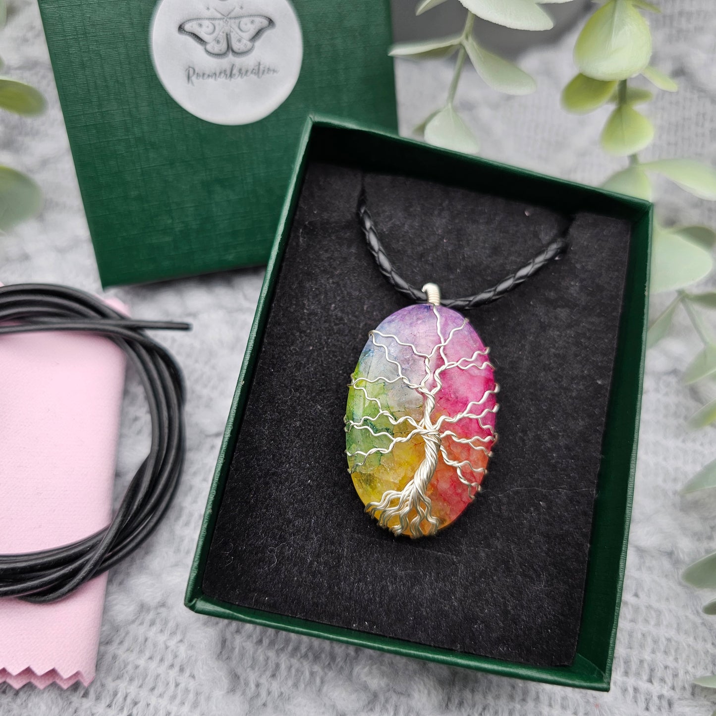 Achat Regenbogen Lebensbaum Anhänger | Schmuckdraht | Edelstein Halskette