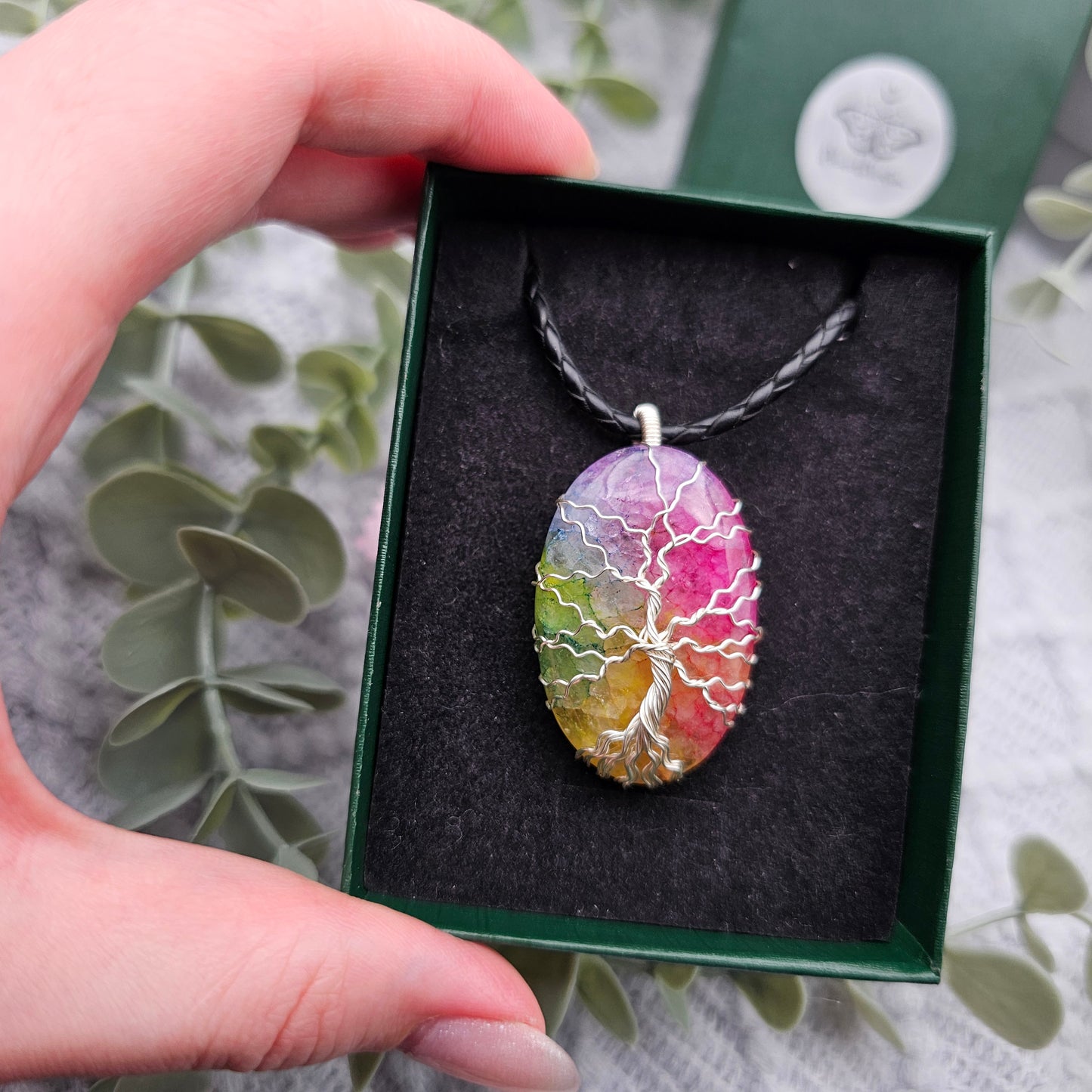 Achat Regenbogen Lebensbaum Anhänger | Schmuckdraht | Edelstein Halskette
