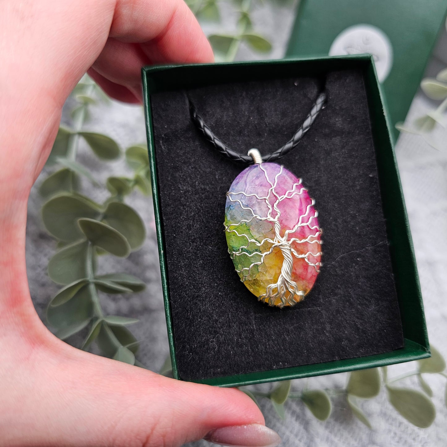 Achat Regenbogen Lebensbaum Anhänger | Schmuckdraht | Edelstein Halskette