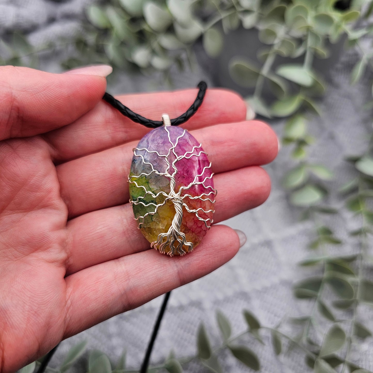 Achat Regenbogen Lebensbaum Anhänger | Schmuckdraht | Edelstein Halskette