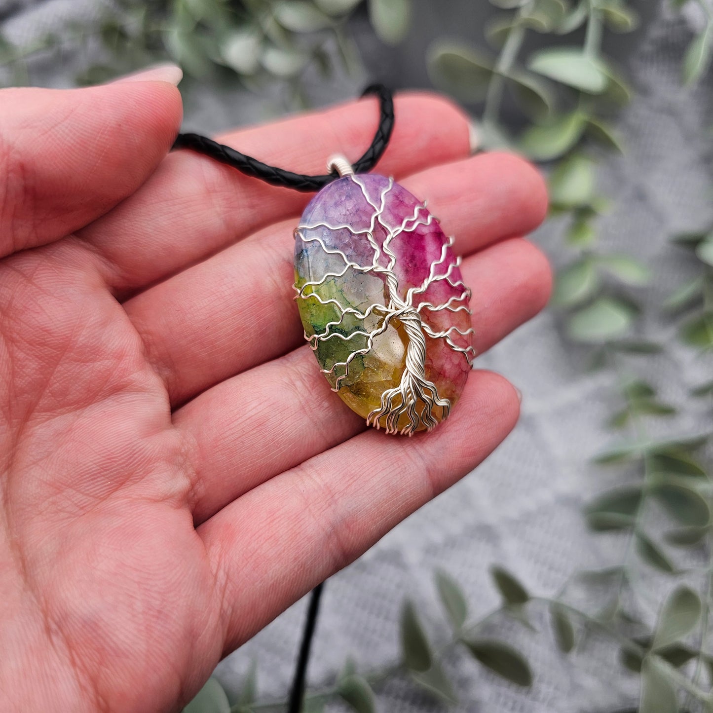 Achat Regenbogen Lebensbaum Anhänger | Schmuckdraht | Edelstein Halskette