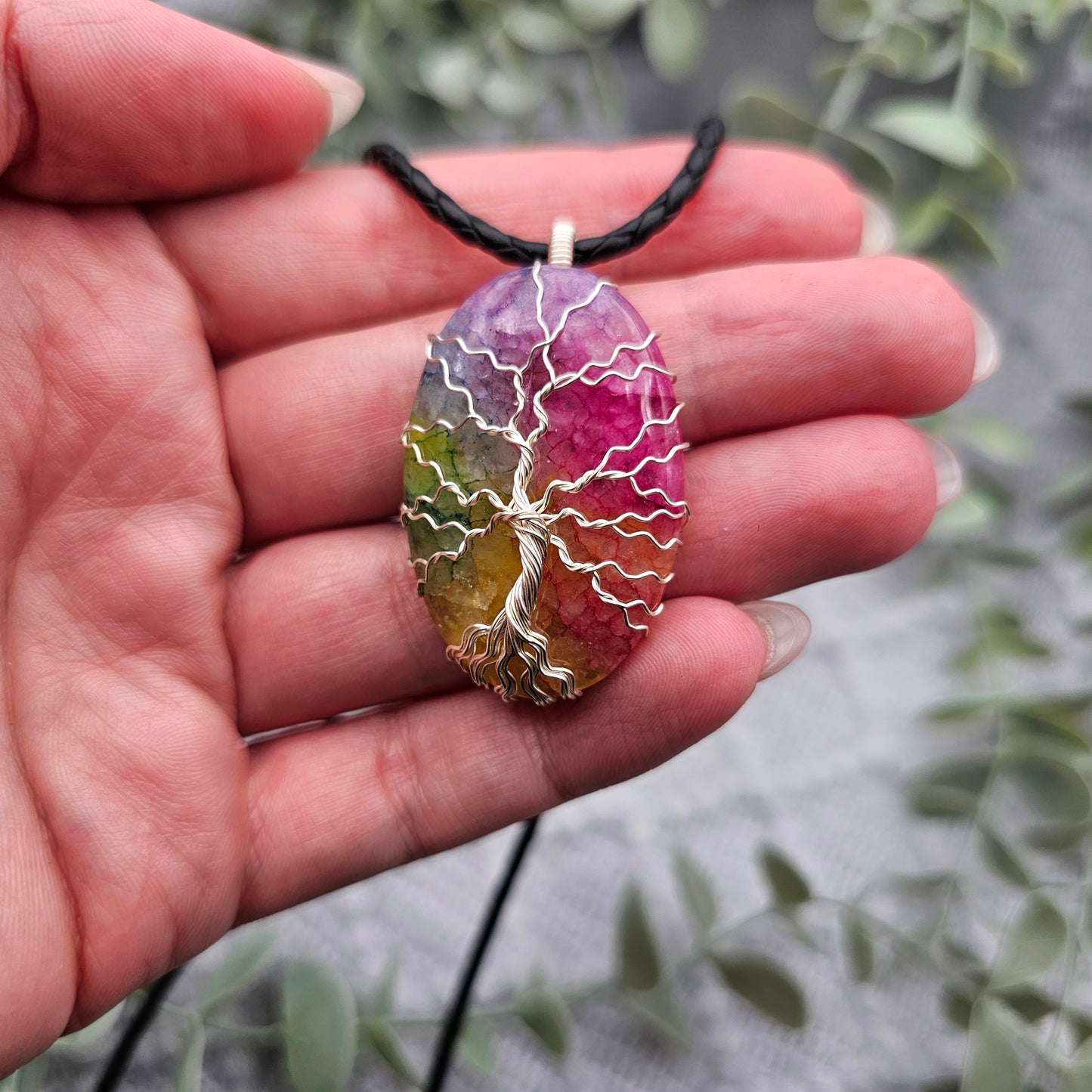 Achat Regenbogen Lebensbaum Anhänger | Schmuckdraht | Edelstein Halskette