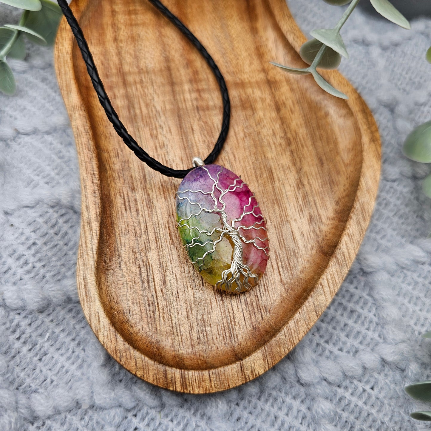Achat Regenbogen Lebensbaum Anhänger | Schmuckdraht | Edelstein Halskette