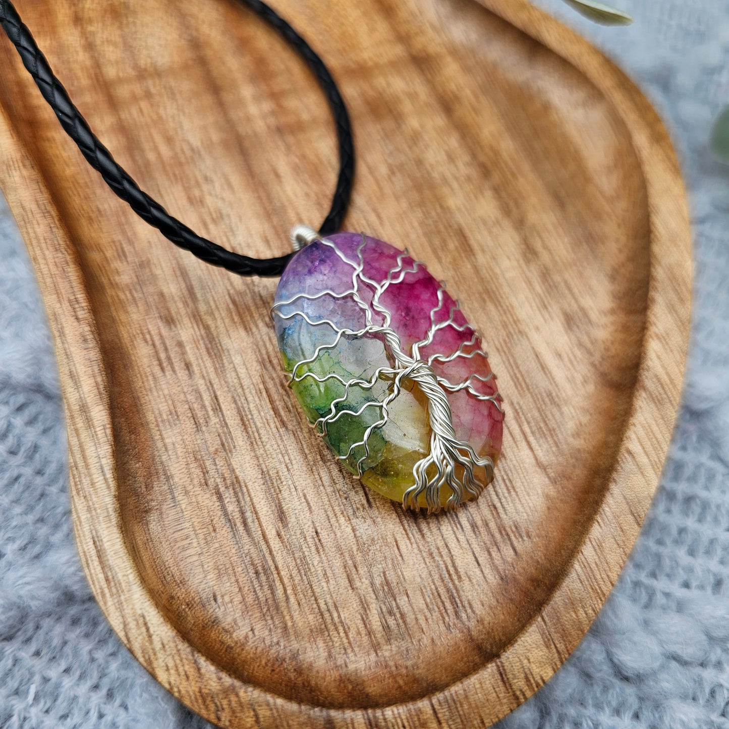 Achat Regenbogen Lebensbaum Anhänger | Schmuckdraht | Edelstein Halskette