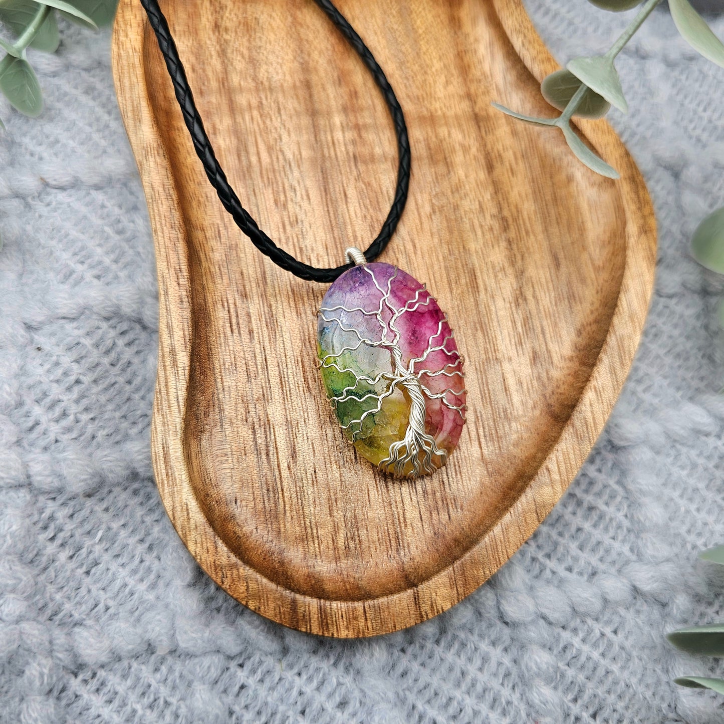 Achat Regenbogen Lebensbaum Anhänger | Schmuckdraht | Edelstein Halskette