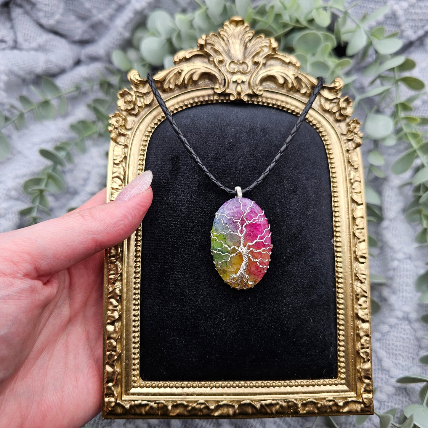 Achat Regenbogen Lebensbaum Anhänger | Schmuckdraht | Edelstein Halskette