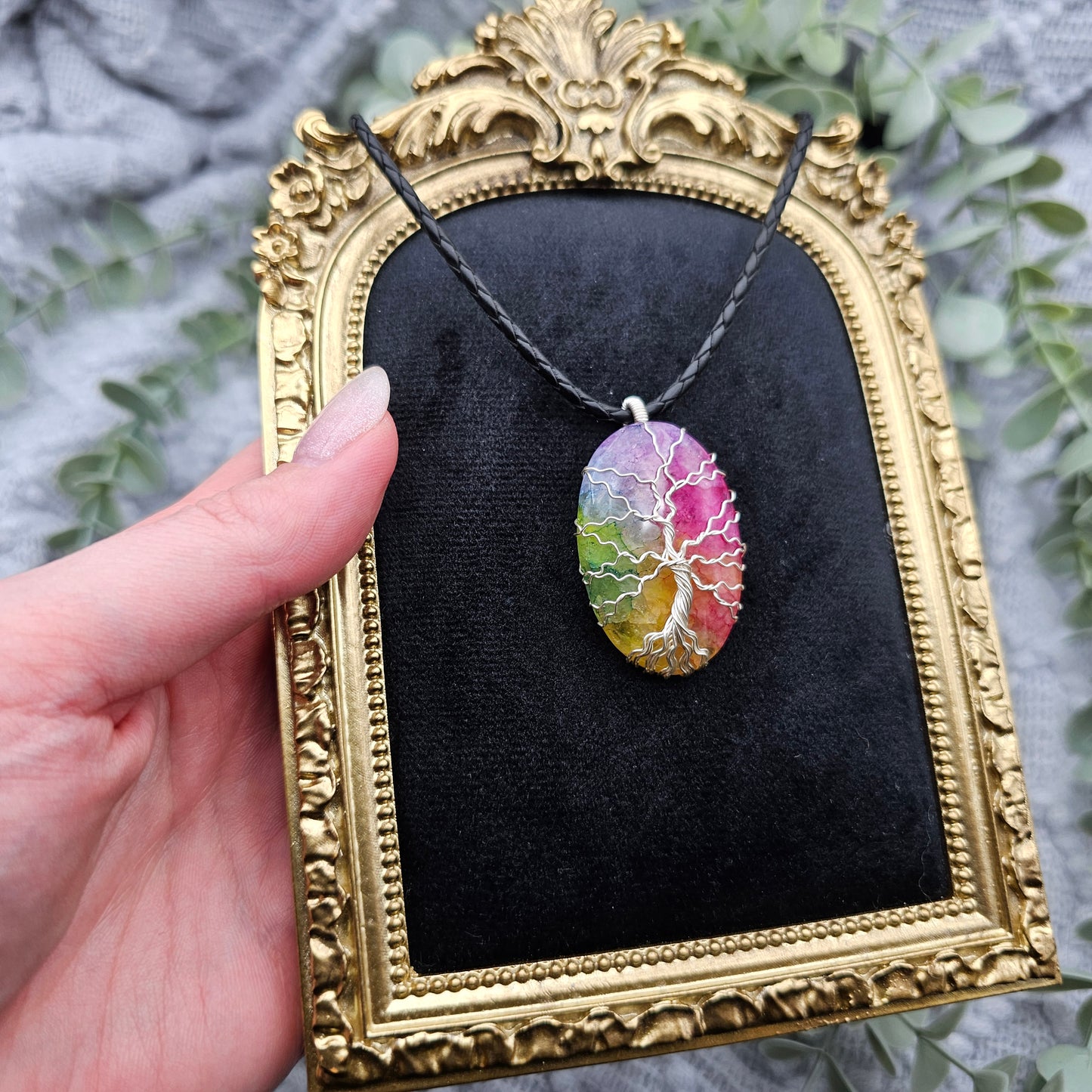 Achat Regenbogen Lebensbaum Anhänger | Schmuckdraht | Edelstein Halskette