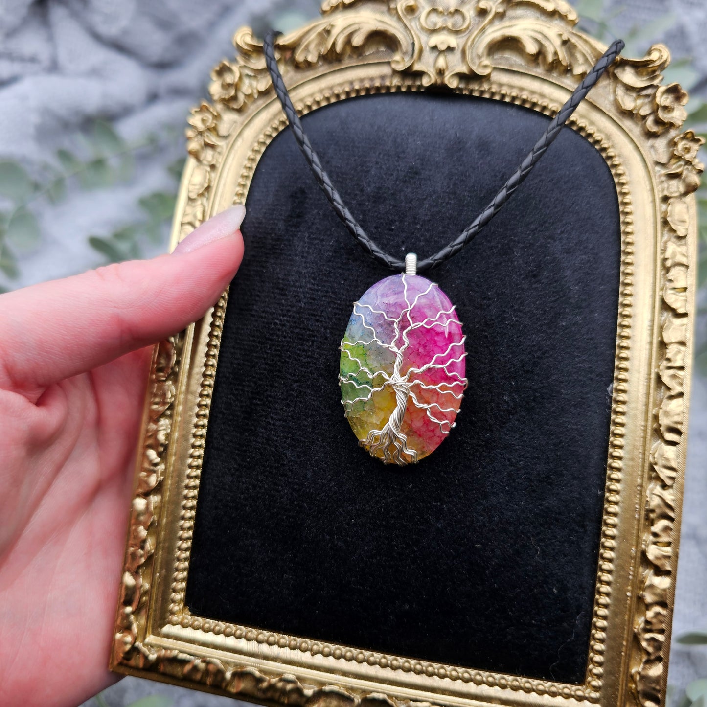 Achat Regenbogen Lebensbaum Anhänger | Schmuckdraht | Edelstein Halskette