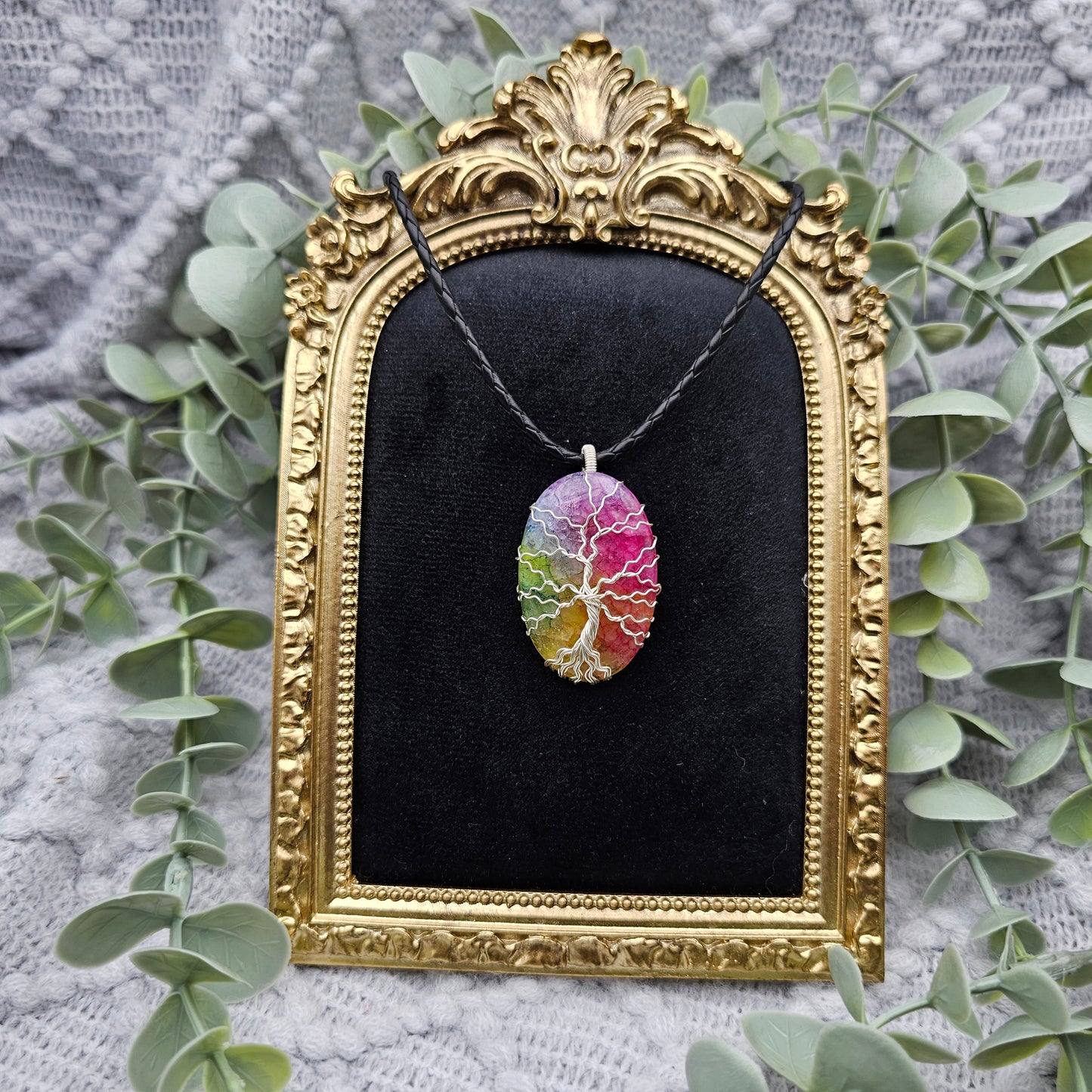 Achat Regenbogen Lebensbaum Anhänger | Schmuckdraht | Edelstein Halskette