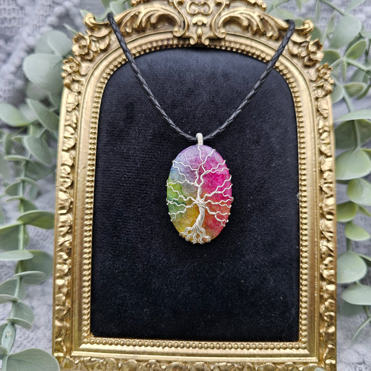 Achat Regenbogen Lebensbaum Anhänger | Schmuckdraht | Edelstein Halskette