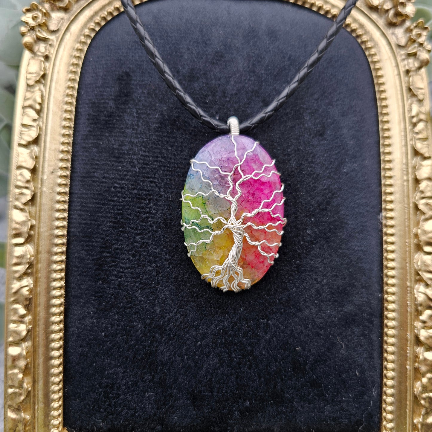 Achat Regenbogen Lebensbaum Anhänger | Schmuckdraht | Edelstein Halskette