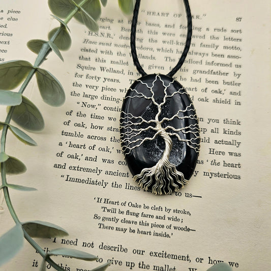 Achat kristallisiert Lebensbaum Anhänger | Schmuckdraht | Edelstein Halskette