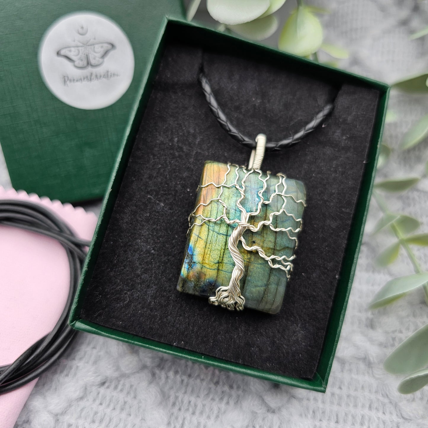 Labradorit Lebensbaum Anhänger | Schmuckdraht | Edelstein Halskette