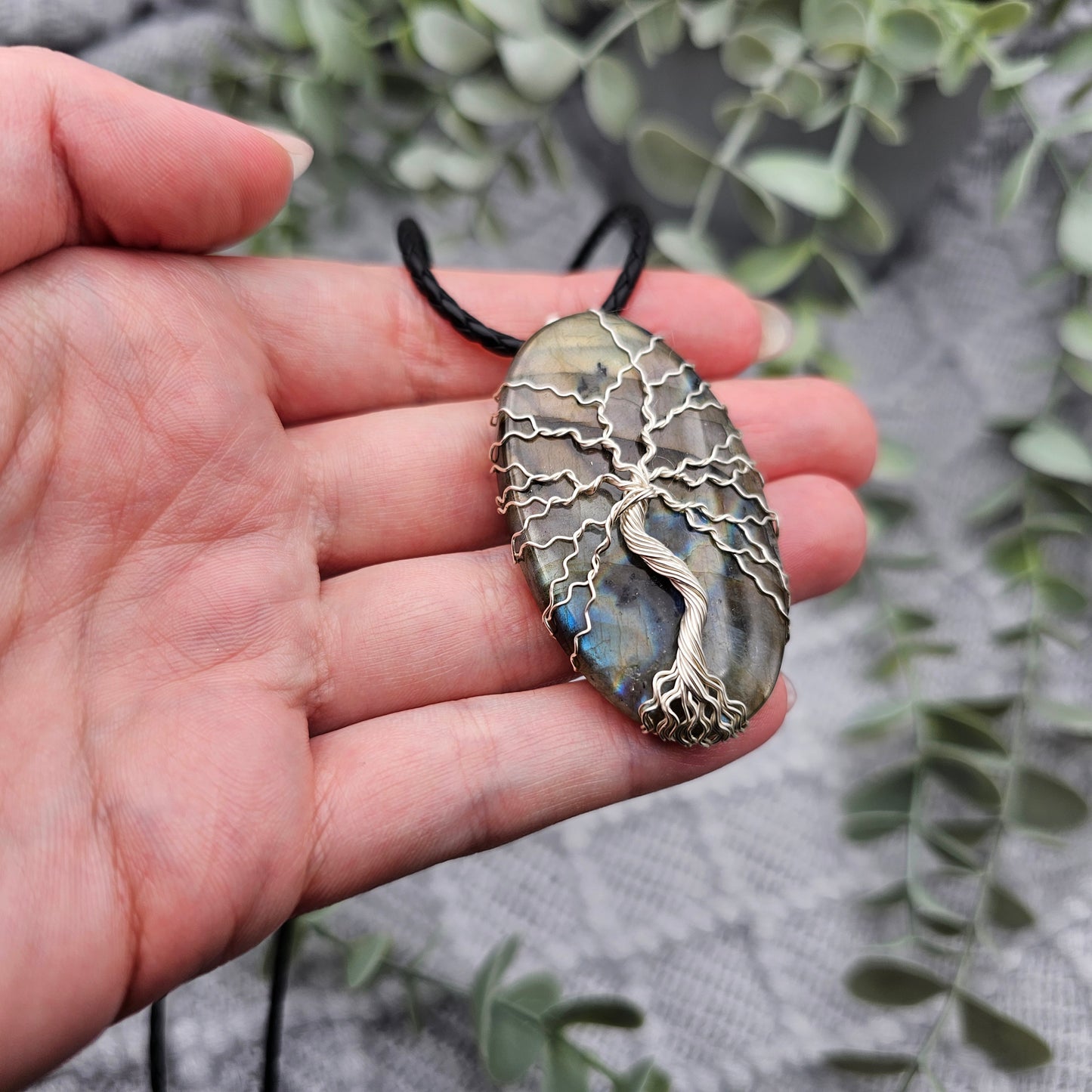 Labradorit Lebensbaum Anhänger | Schmuckdraht | Edelstein Halskette