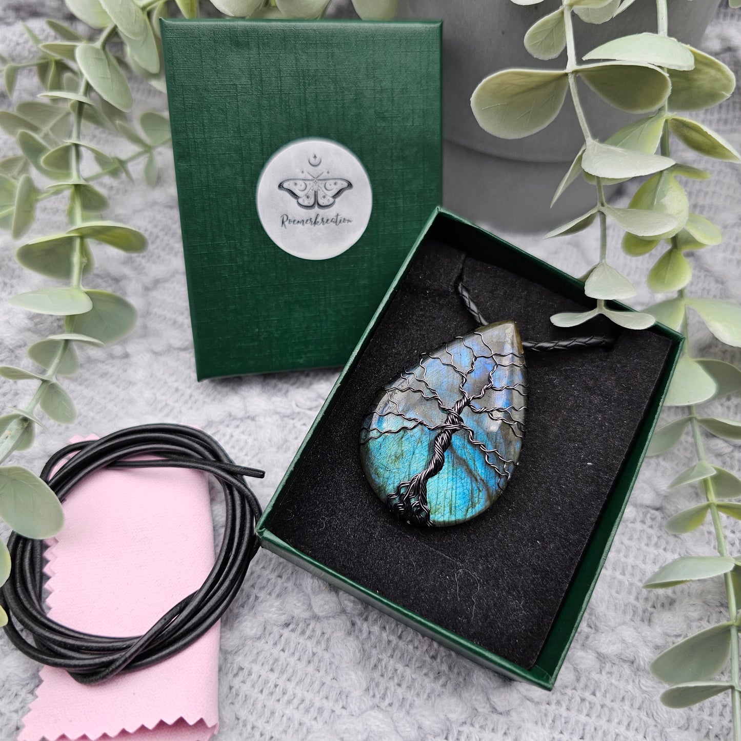 Labradorit Lebensbaum Anhänger | Schmuckdraht | Edelstein Halskette