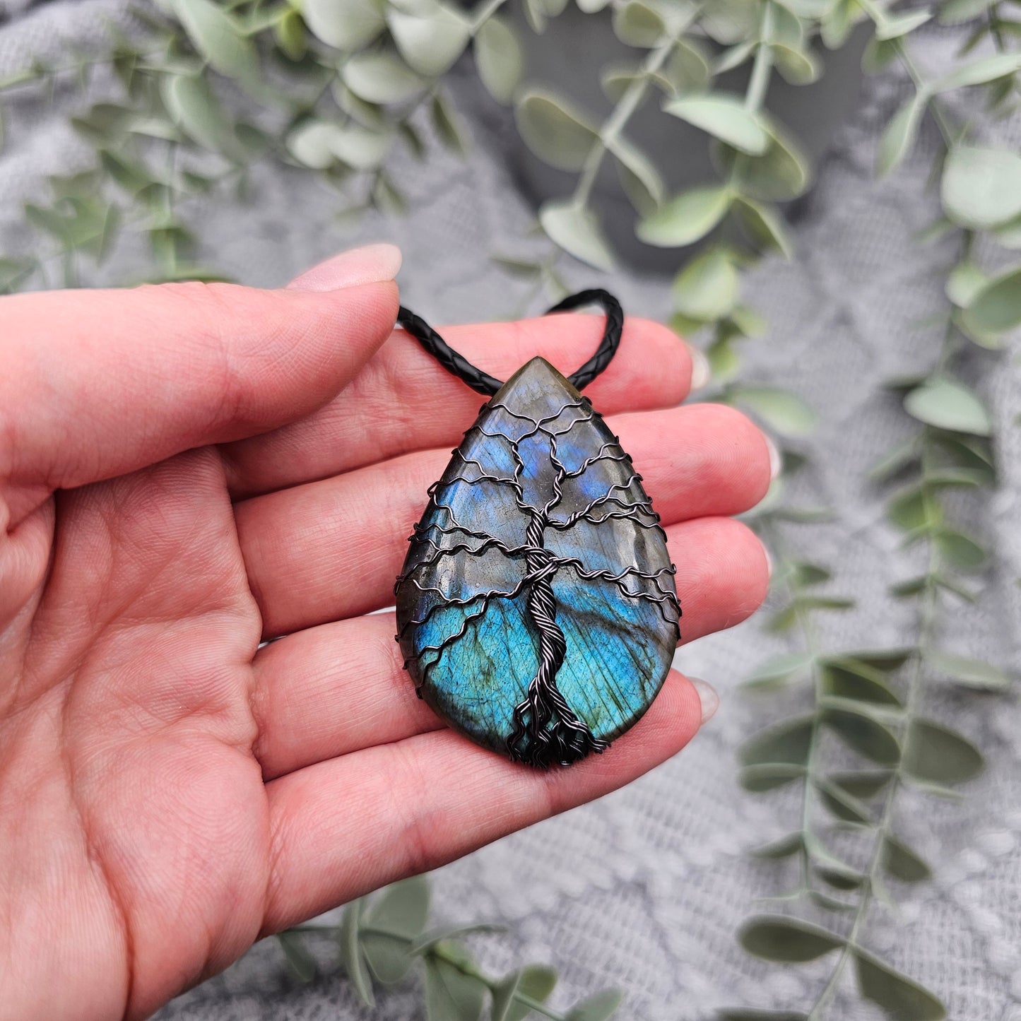 Labradorit Lebensbaum Anhänger | Schmuckdraht | Edelstein Halskette