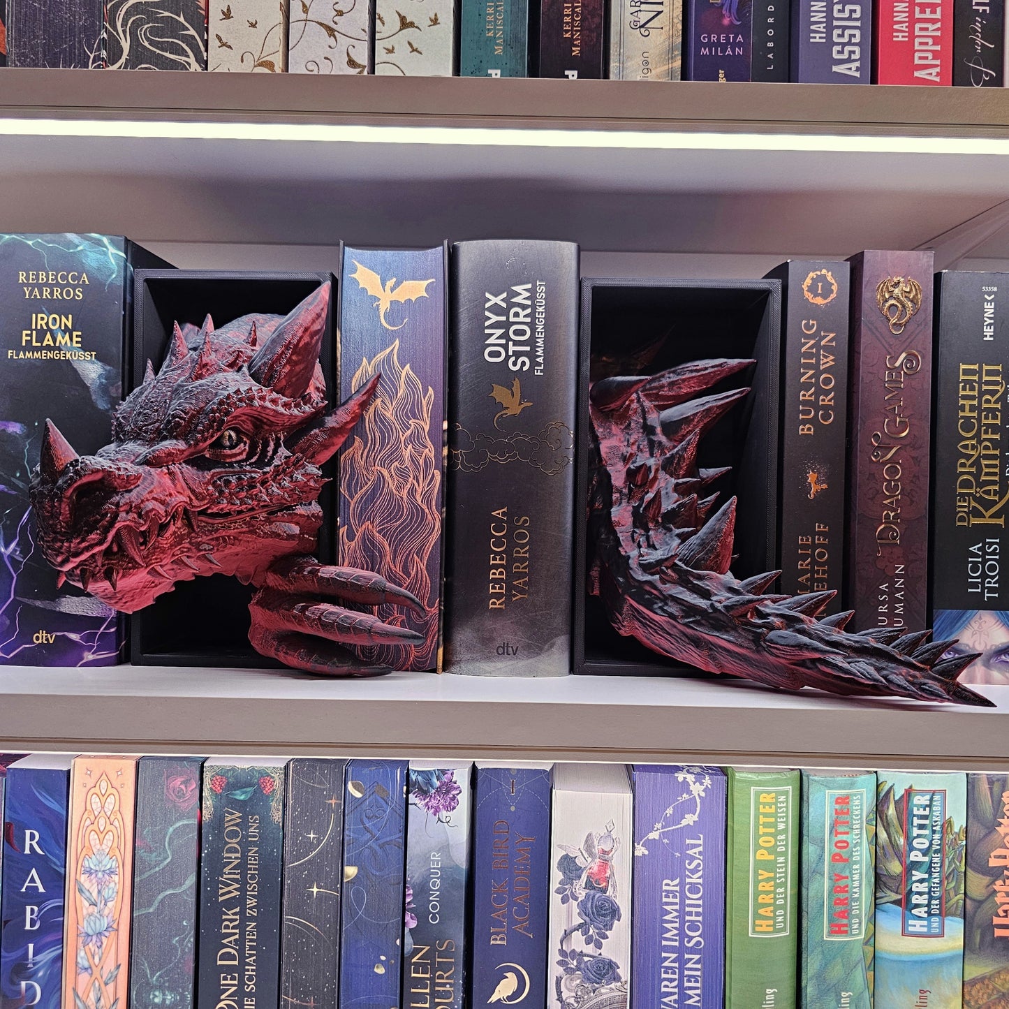 Book Nook Drache Rot/Schwarz glänzend  Set/Einzeln | 3D Druck | Buchstütze | Dekoration Bücherregal
