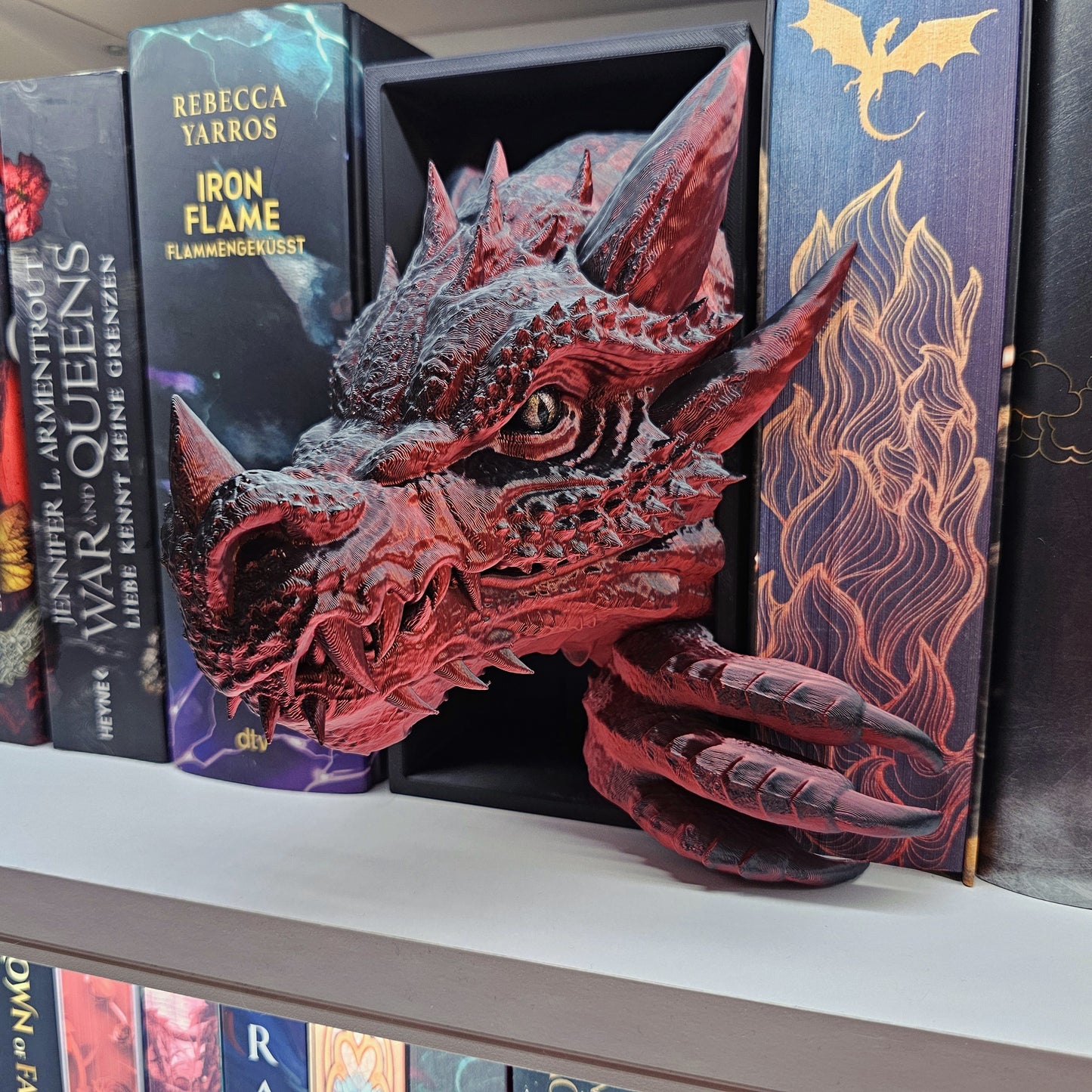 Book Nook Drache Rot/Schwarz glänzend  Set/Einzeln | 3D Druck | Buchstütze | Dekoration Bücherregal