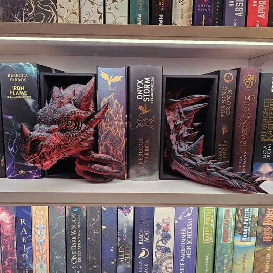 Book Nook Drache Rot/Schwarz glänzend Set/Einzeln | 3D Druck | Buchstütze | Dekoration Bücherregal