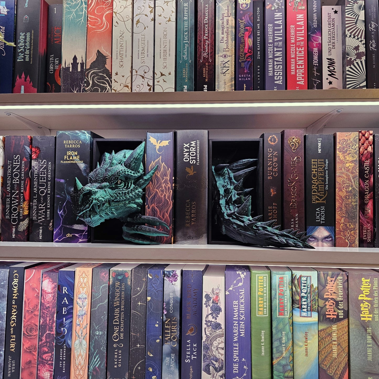 Book Nook Drache Grün/Schwarz glänzend Set/Einzeln | 3D Druck | Buchstütze | Dekoration Bücherregal