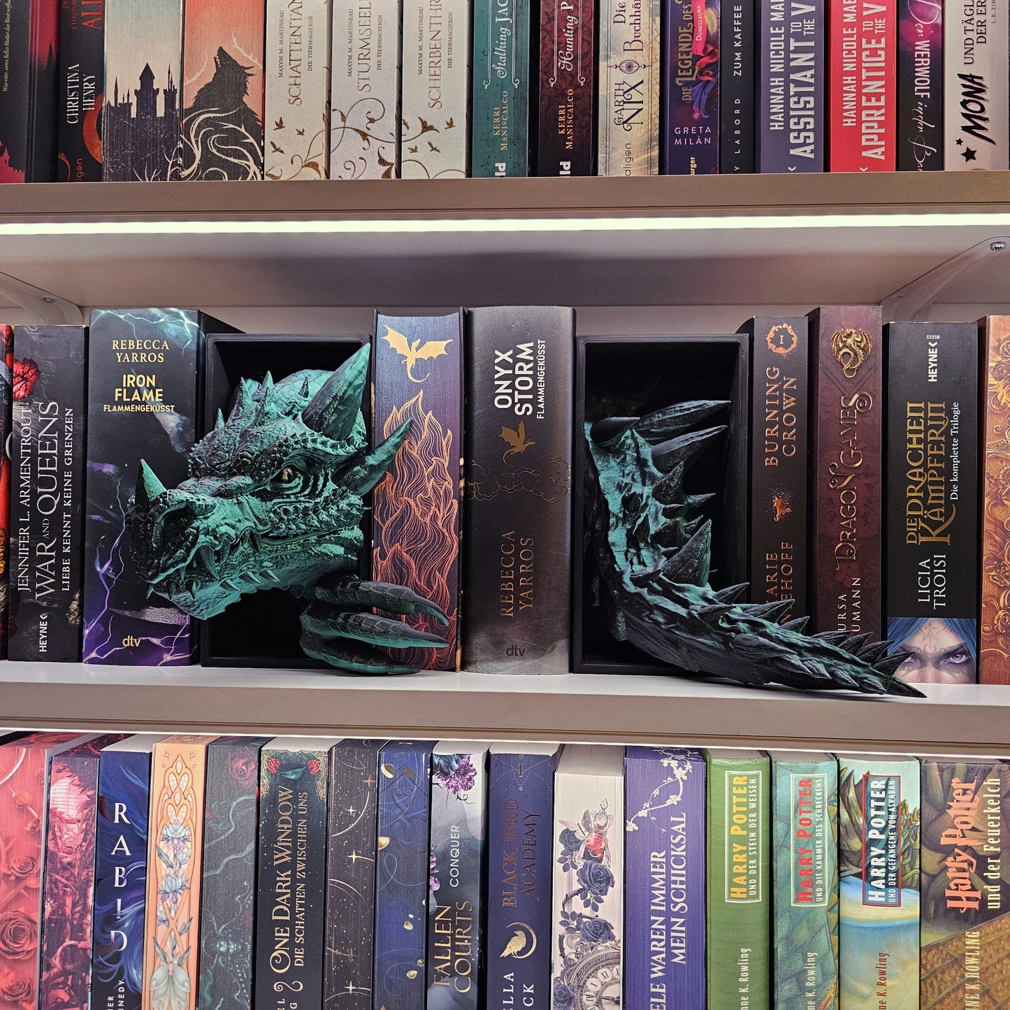 Book Nook Drache Grün/Schwarz glänzend Set/Einzeln | 3D Druck | Buchstütze | Dekoration Bücherregal