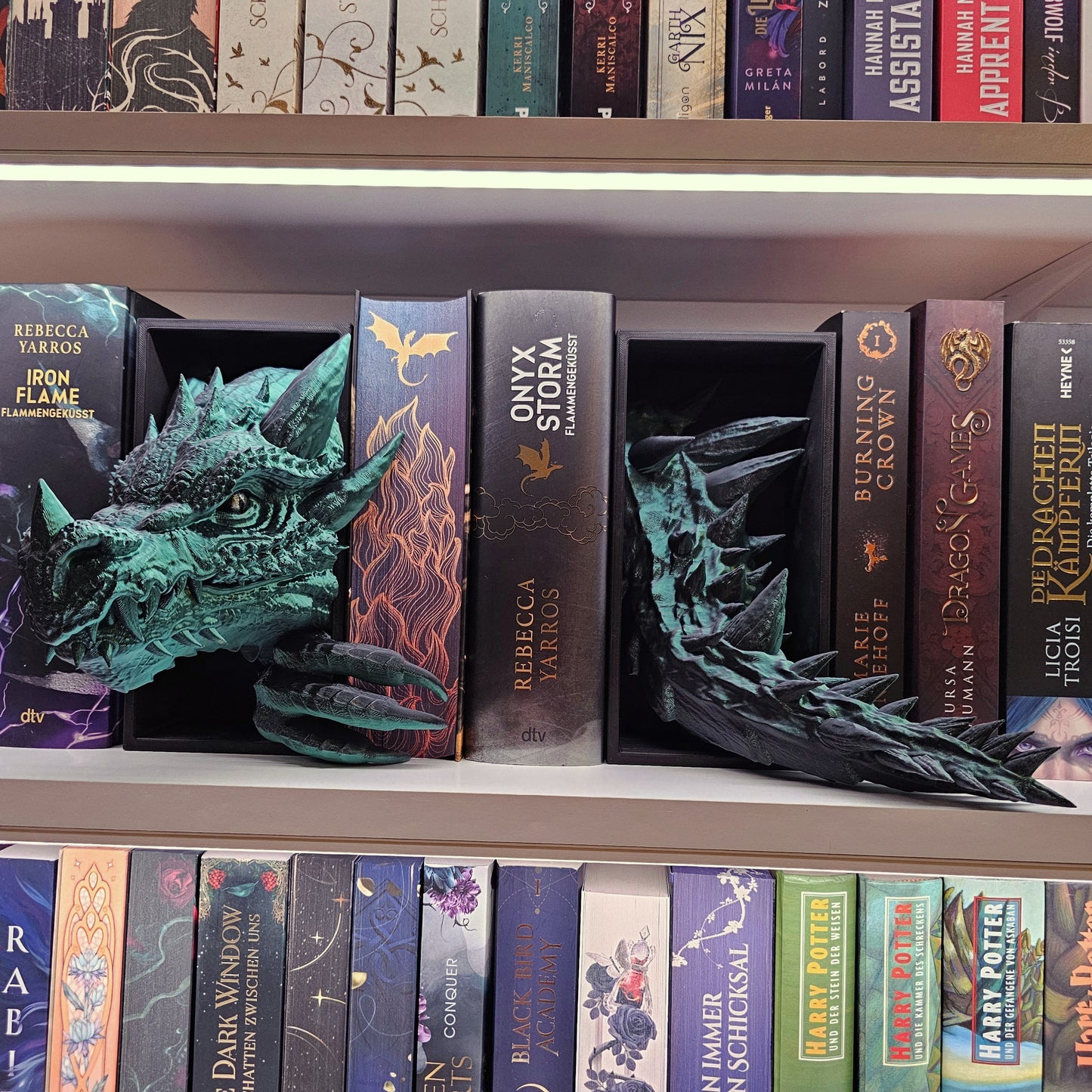 Book Nook Drache Grün/Schwarz glänzend Set/Einzeln | 3D Druck | Buchstütze | Dekoration Bücherregal