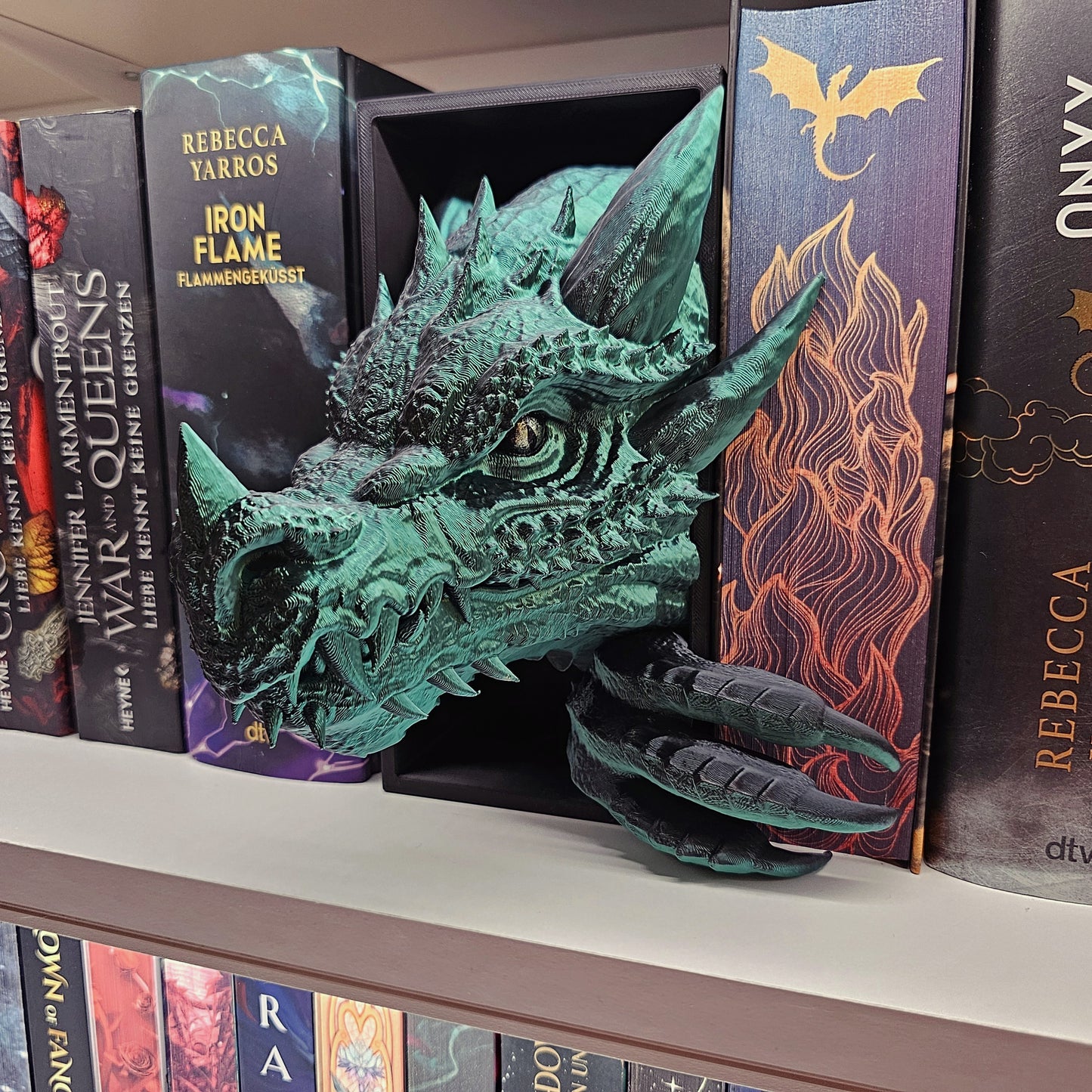 Book Nook Drache Grün/Schwarz glänzend Set/Einzeln | 3D Druck | Buchstütze | Dekoration Bücherregal