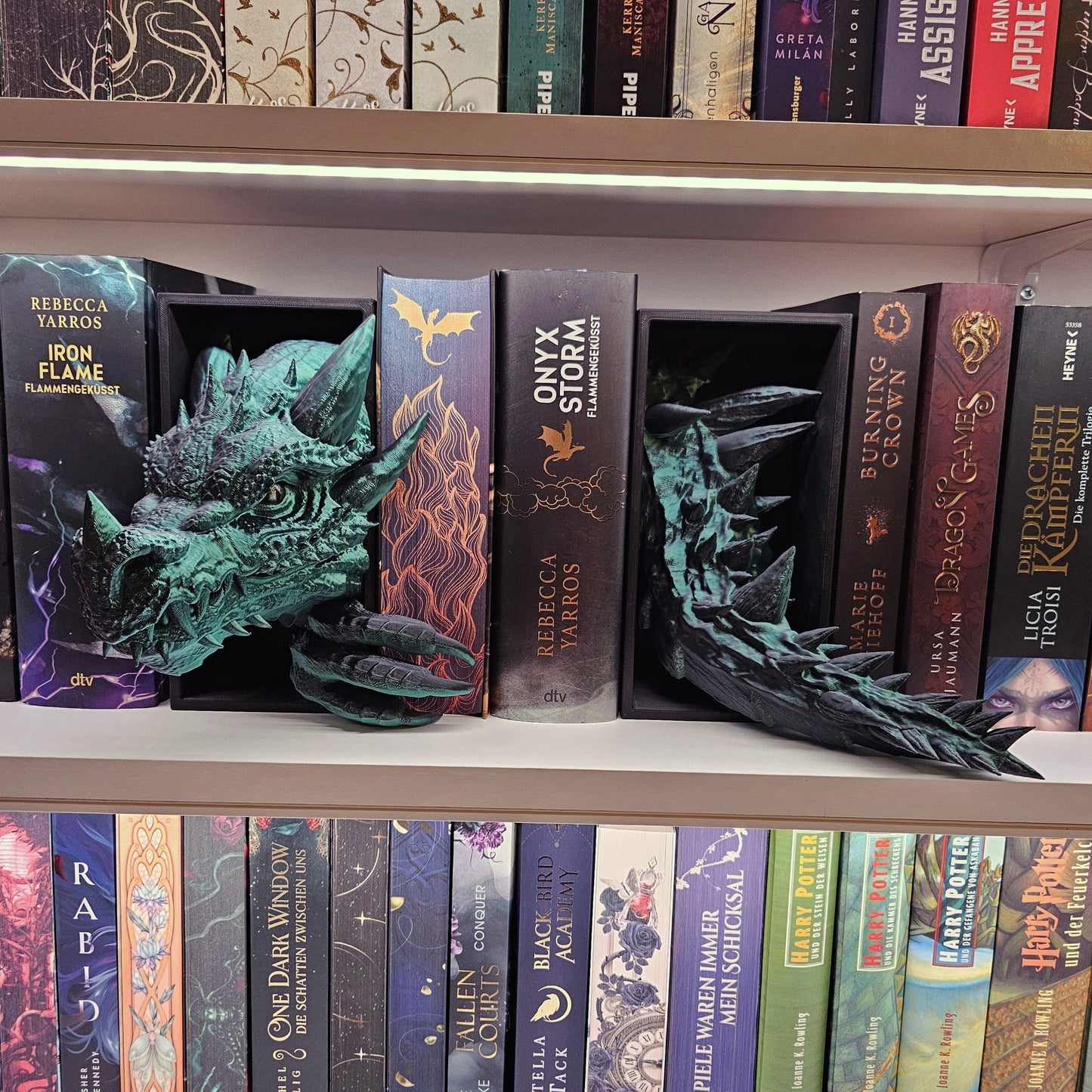 Book Nook Drache Grün/Schwarz glänzend Set/Einzeln | 3D Druck | Buchstütze | Dekoration Bücherregal