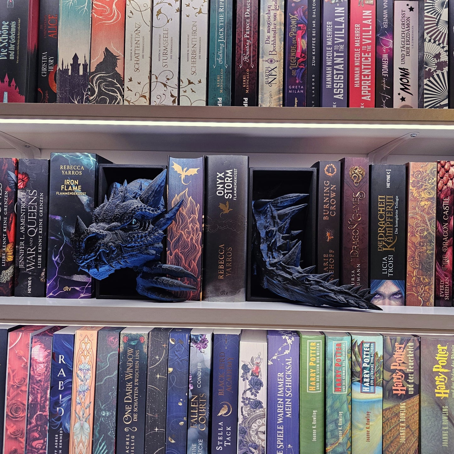 Book Nook Drache Blau/Schwarz glänzend Set/Einzeln | 3D Druck | Buchstütze | Dekoration Bücherregal
