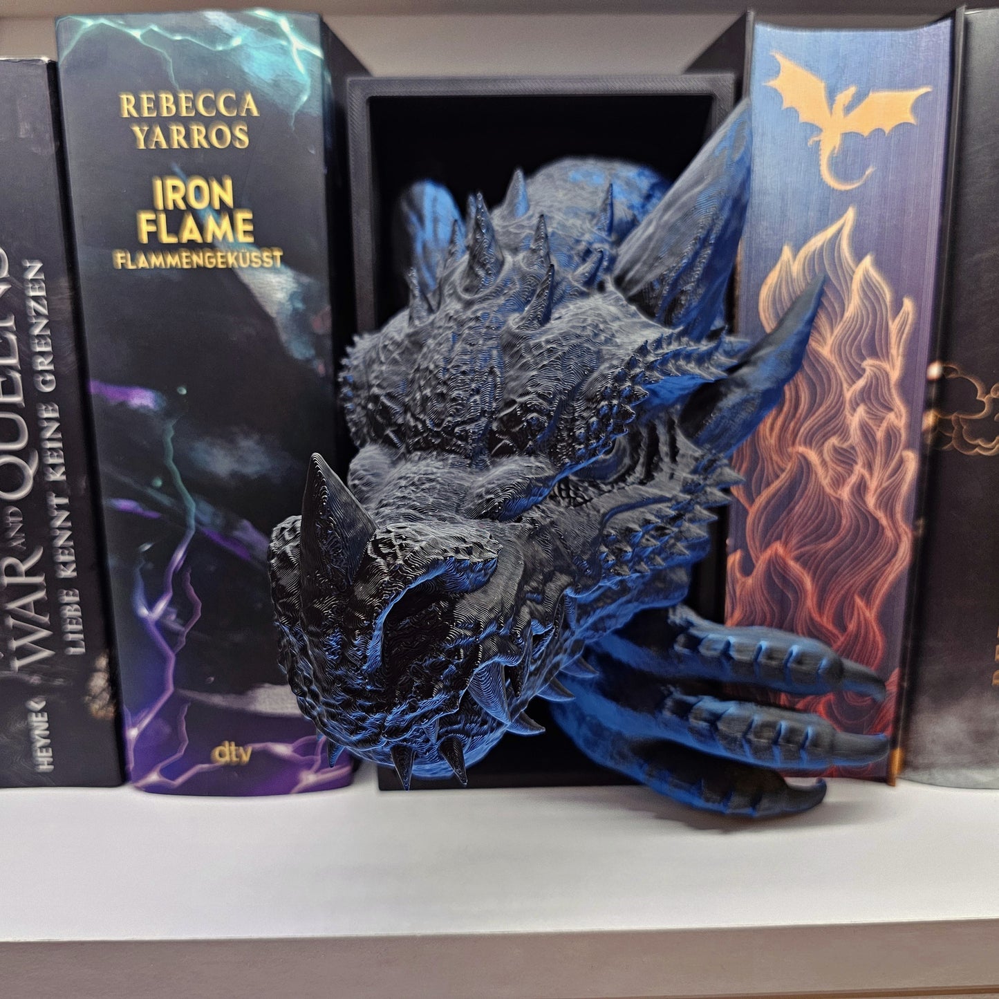 Book Nook Drache Blau/Schwarz glänzend Set/Einzeln | 3D Druck | Buchstütze | Dekoration Bücherregal