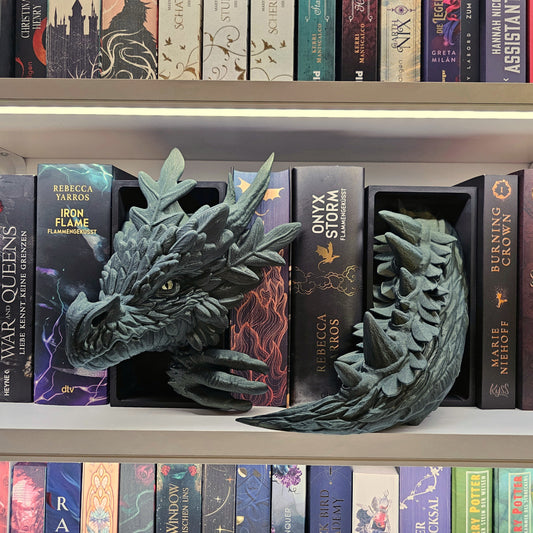 Book Nook Walddrache Grün mit Goldglitzer Set/Einzeln | 3D Druck | Buchstütze | Dekoration Bücherregal