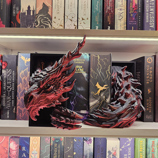 Book Nook Flammendrache Rot/Schwarz glänzend Set/Einzeln | 3D Druck | Buchstütze | Dekoration Bücherregal