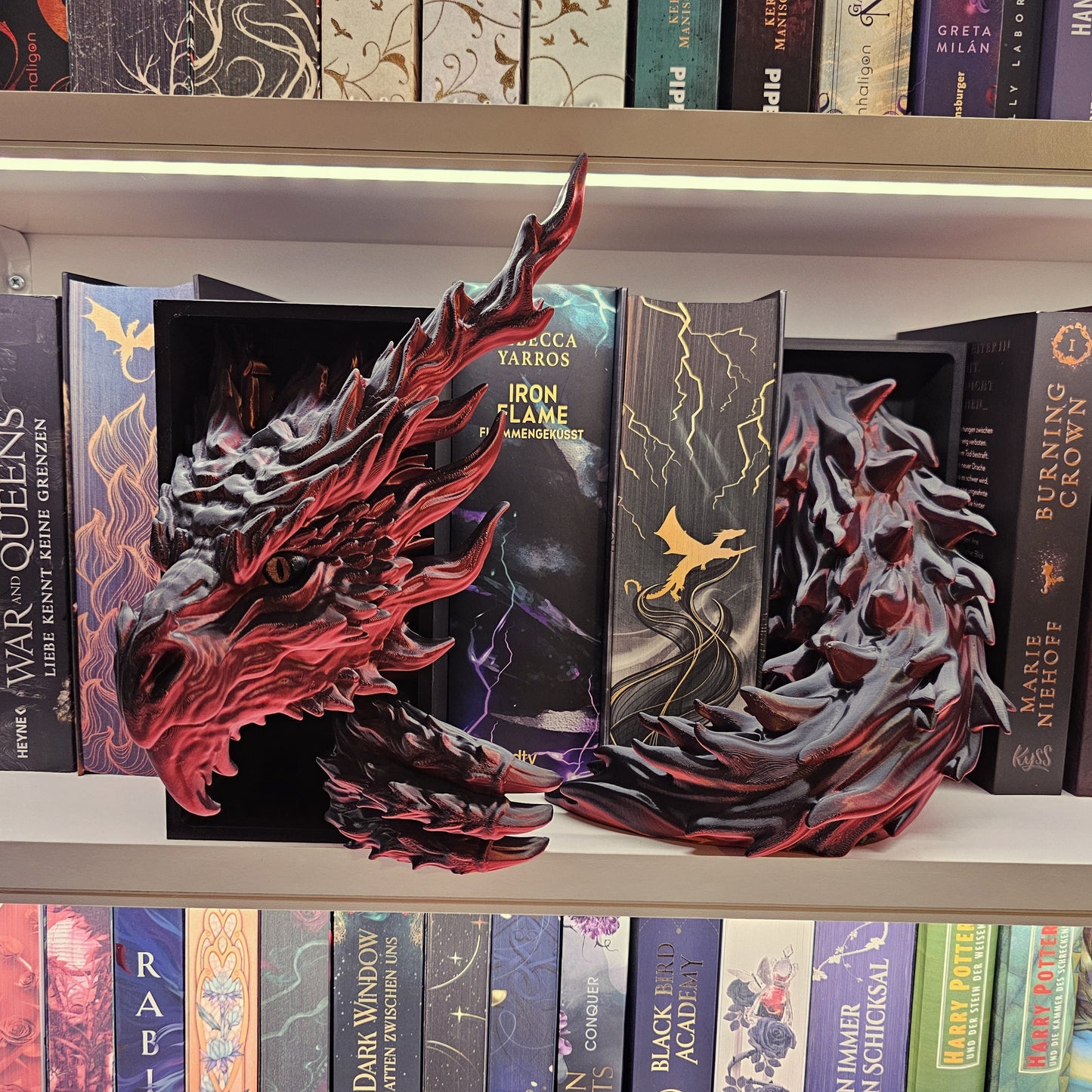 Book Nook Flammendrache Rot/Schwarz glänzend Set/Einzeln | 3D Druck | Buchstütze | Dekoration Bücherregal
