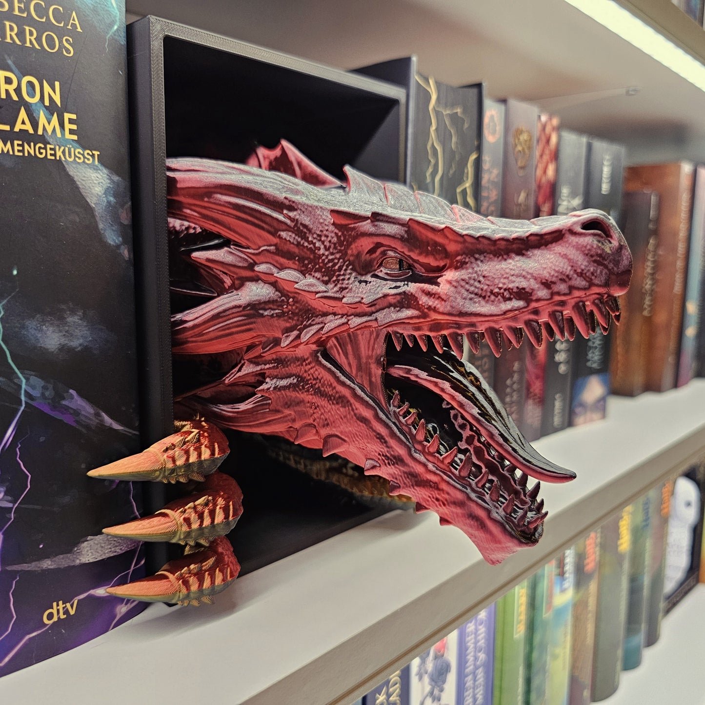Book Nook Awakening Drache Rot/Schwarz/Gold glänzend | 3D Druck | Buchstütze | Dekoration Bücherregal