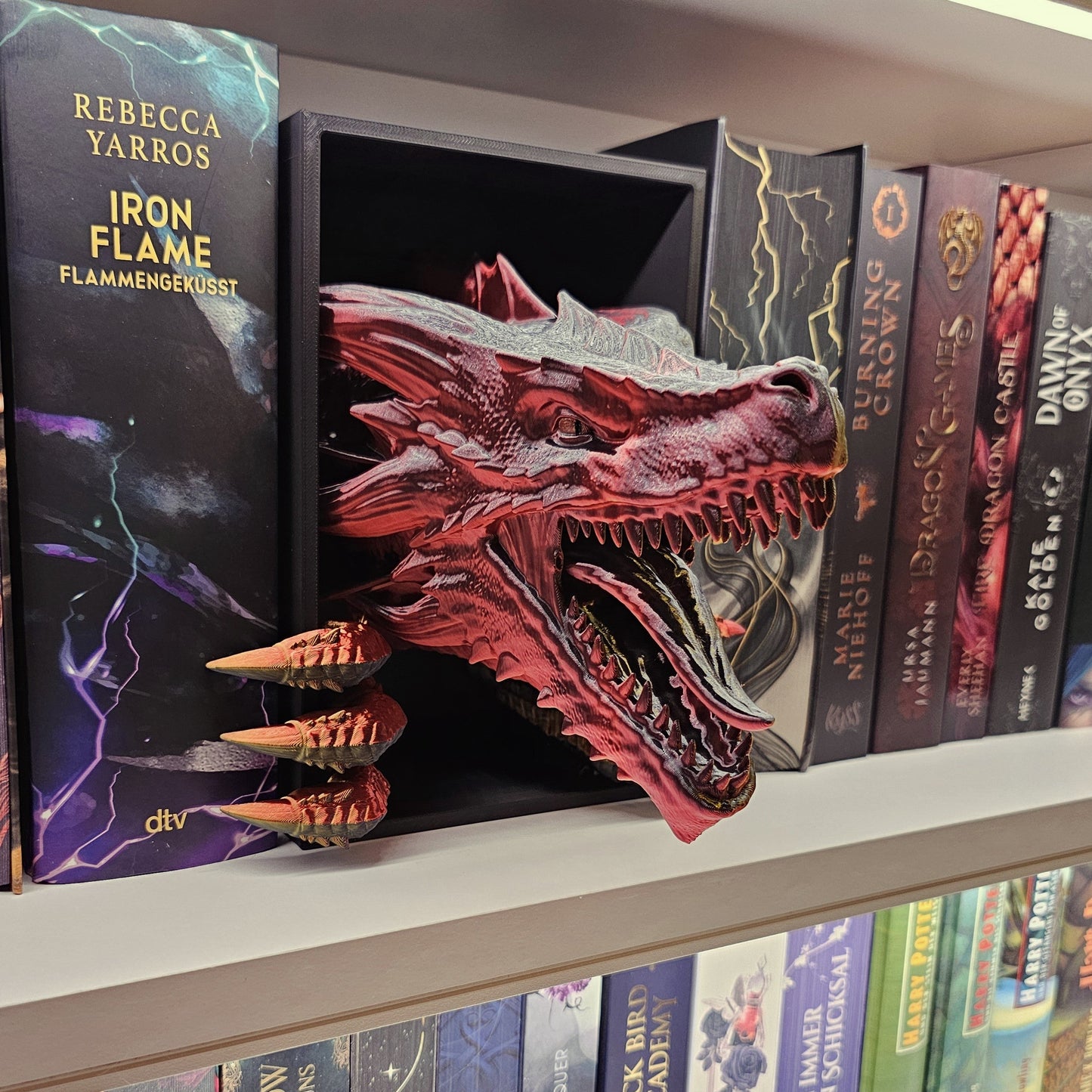 Book Nook Awakening Dragon Red/Black/Gold glossy | 3D Print | Bookend | Bookshelf Decoration