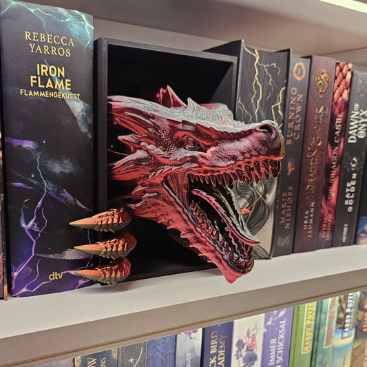 Book Nook Awakening Drache Rot/Schwarz/Gold glänzend | 3D Druck | Buchstütze | Dekoration Bücherregal