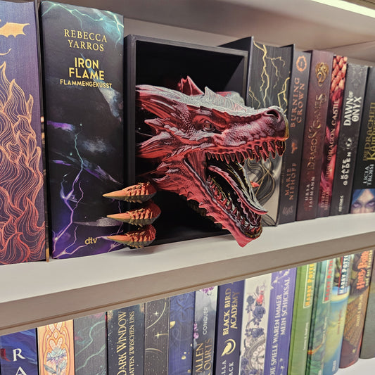 Book Nook Awakening Drache Rot/Schwarz/Gold glänzend | 3D Druck | Buchstütze | Dekoration Bücherregal